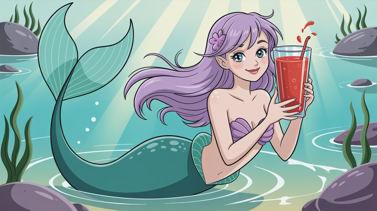 Cute mermaid with purple hair in sparkling water