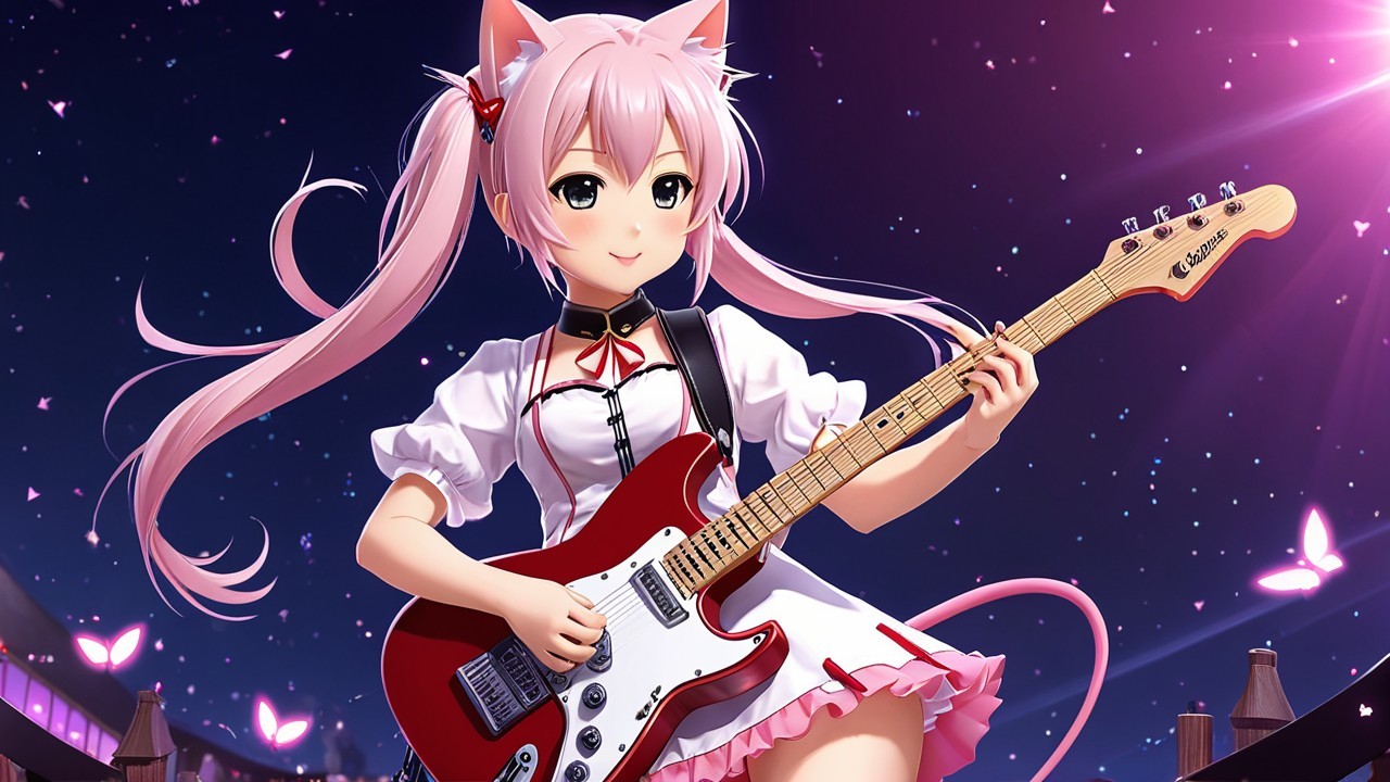 Cheerful Anime Girl with Cat Ears Playing Guitar