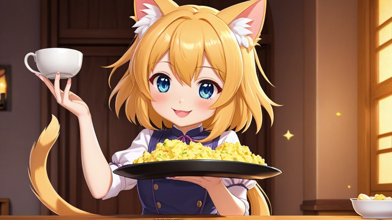 Cheerful Cat-Girl in Cozy Kitchen with Rice Platter