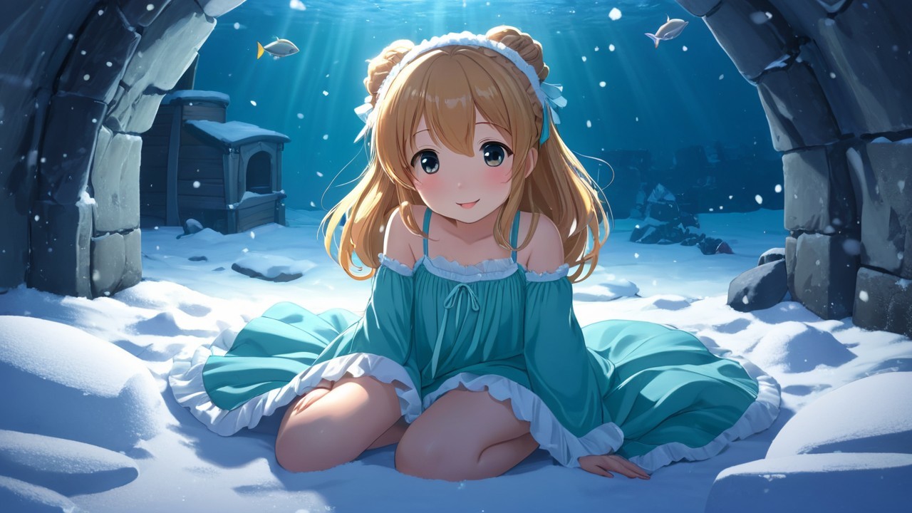 Cheerful girl in light blue dress on ocean floor