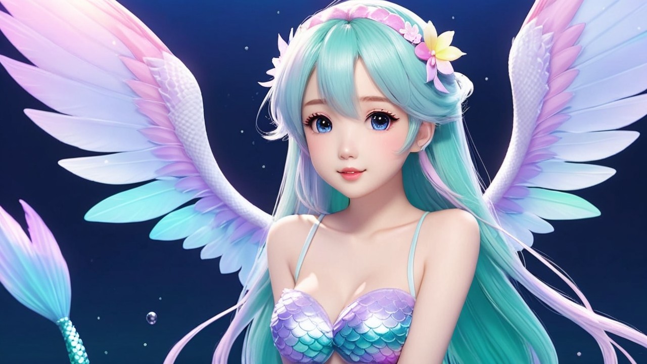 Pastel-Haired Character with Feathery Wings and Scales