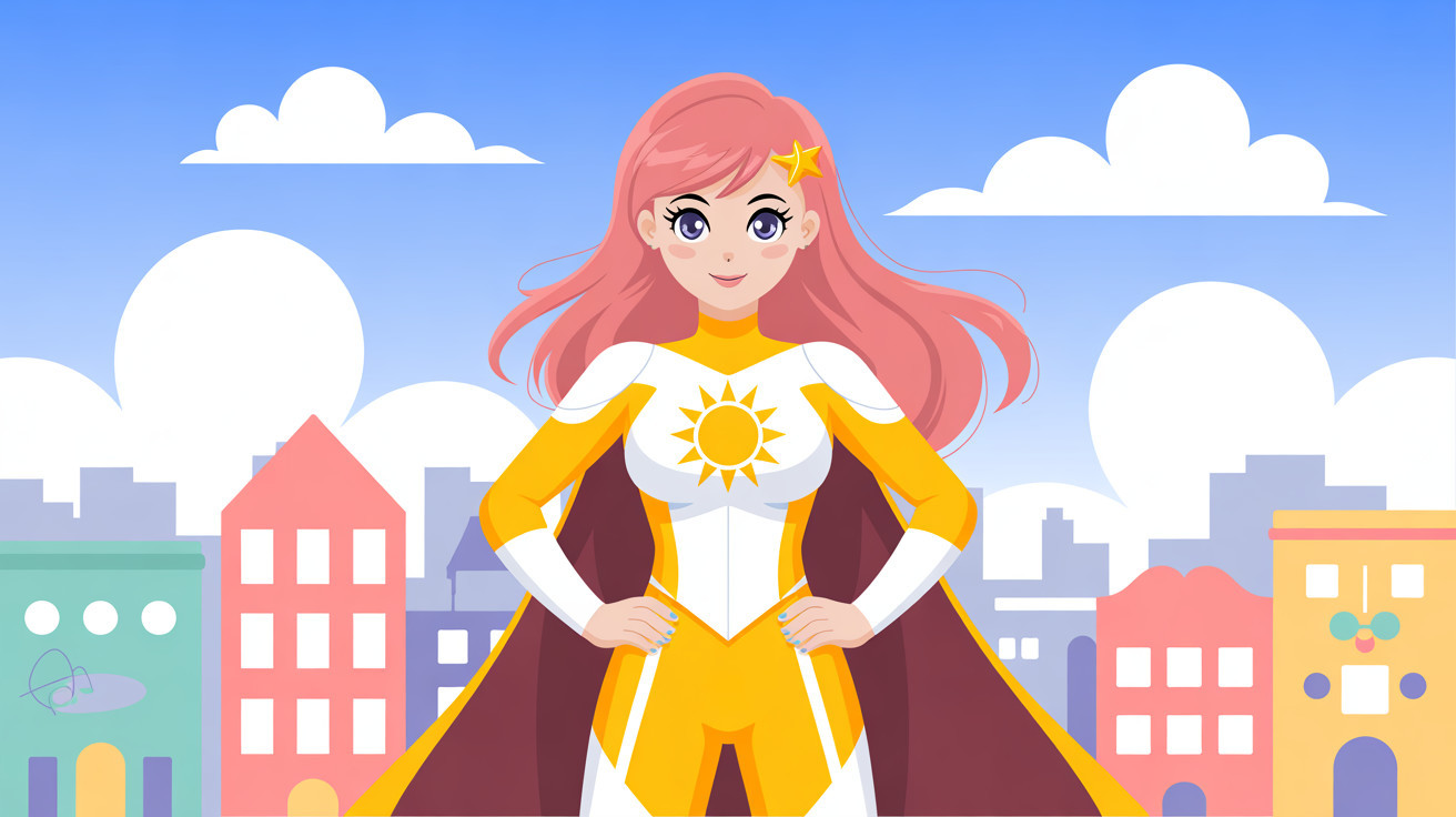 Anime-style female superhero in vibrant cityscape setting