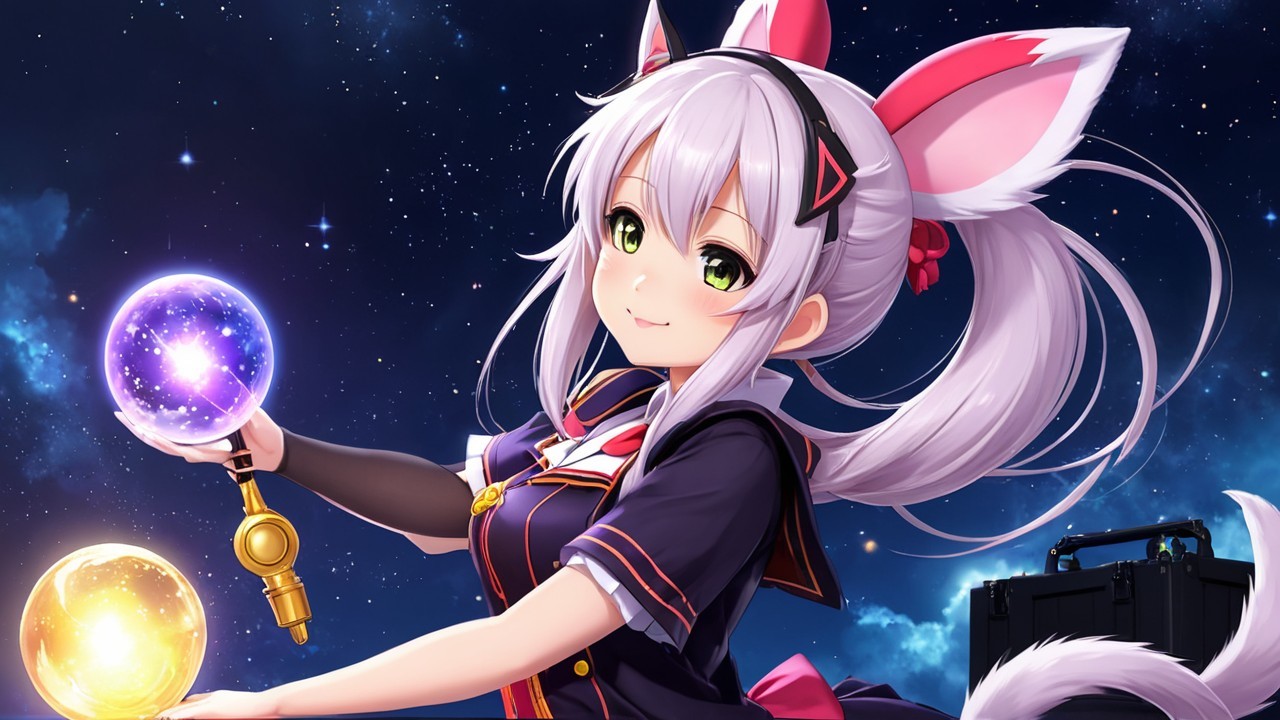 Cheerful anime girl with silver hair in starry sky