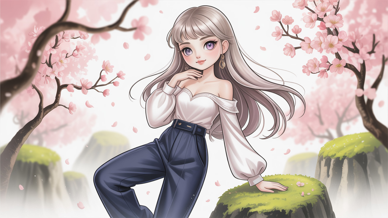 Anime-style digital painting of a woman in cherry blossoms