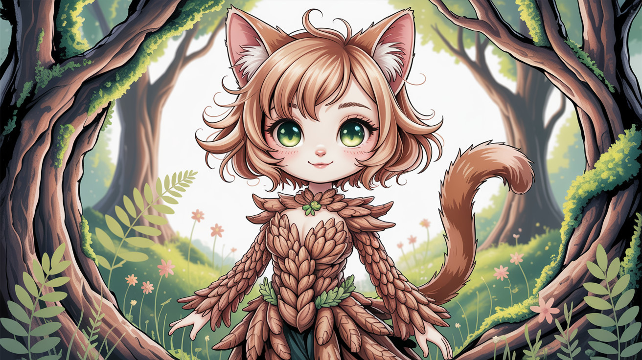 Cute anime cat girl in a forest glade setting