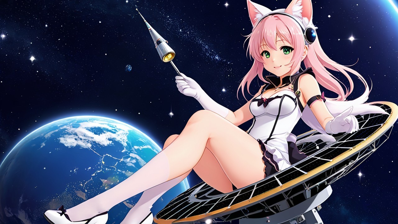 Cheerful anime character on solar panel in space