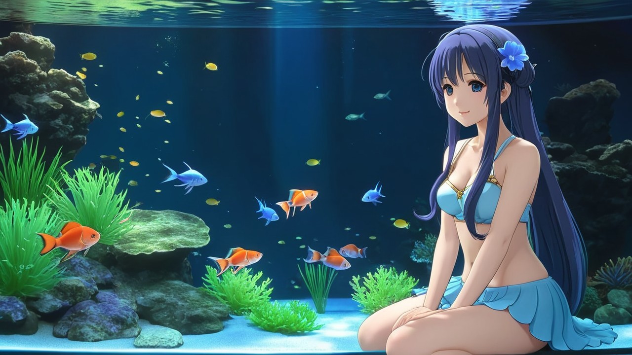 Underwater Scene with Woman and Colorful Fish