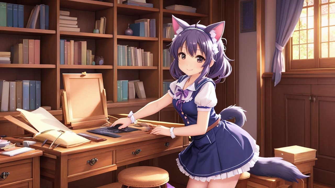 Cozy Library Scene with Purple-Haired Character
