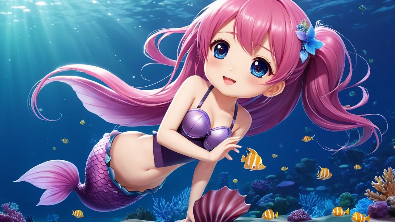 Anime-style mermaid in vibrant underwater scene