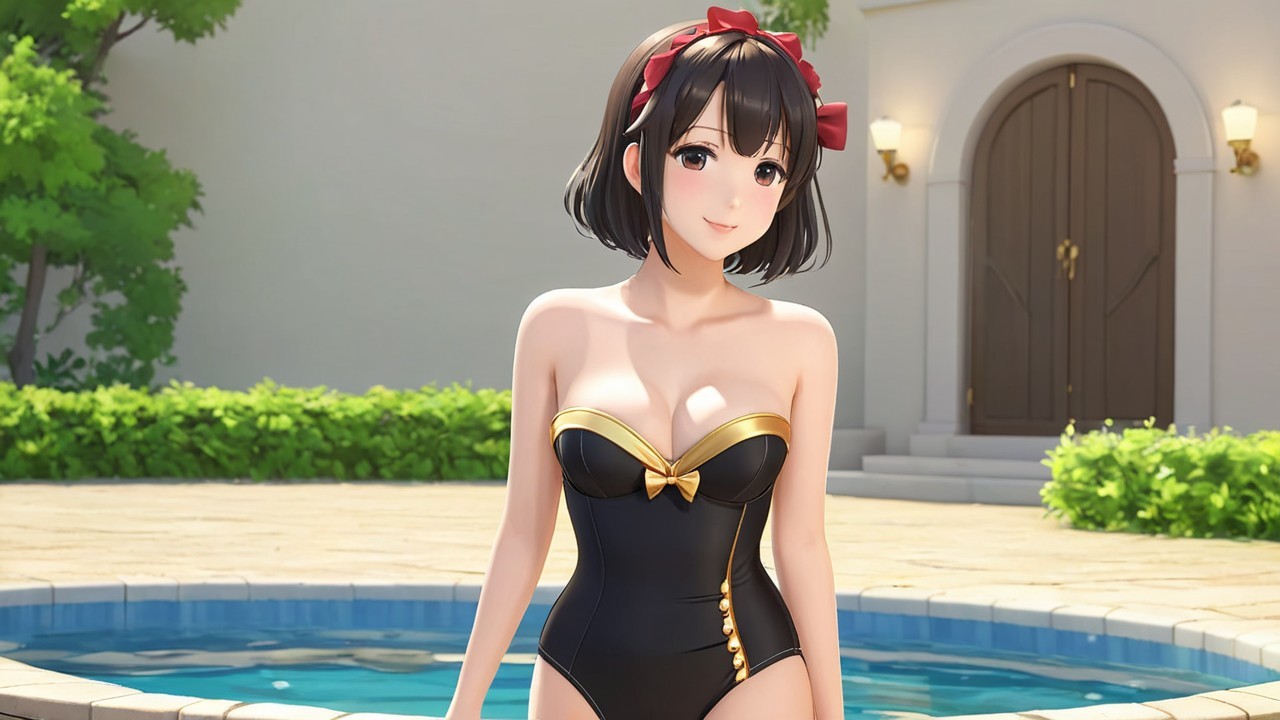 Anime Character by Pool in Stylish Black Swimsuit