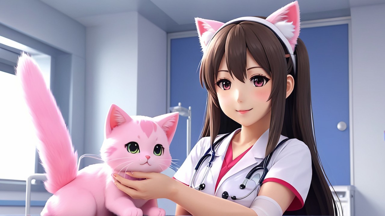 Cheerful Anime Character in Veterinary Clinic Setting