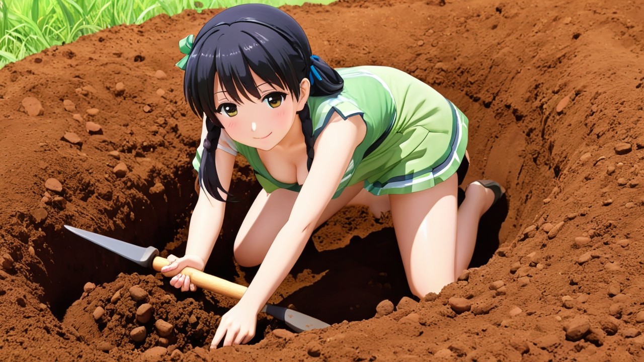 Young girl digging in earth with small shovel outdoors