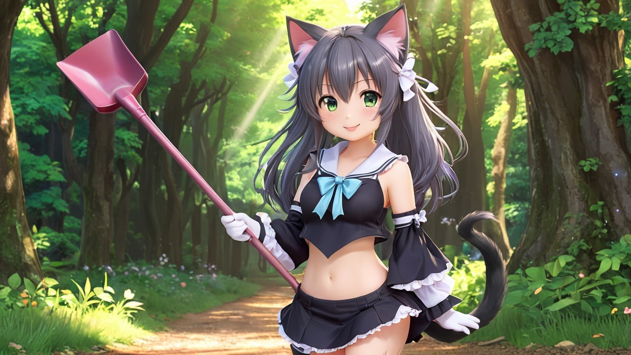 Cute anime girl with cat ears in sunlit forest