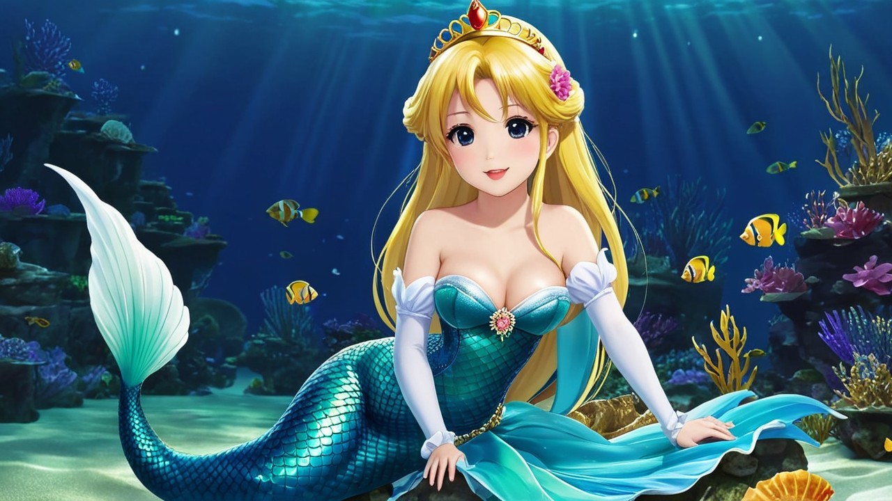 Animated Mermaid Surrounded by Coral and Fish