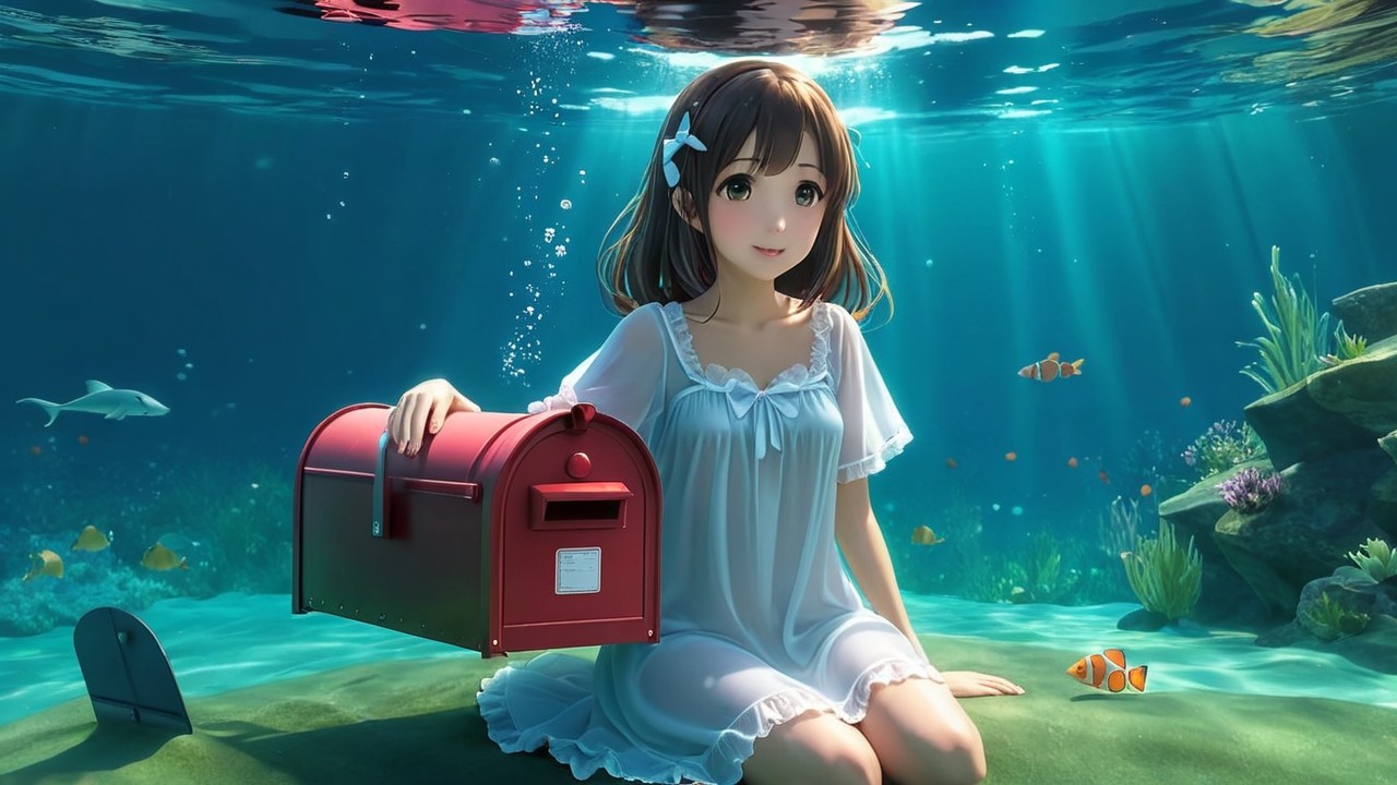 Young girl underwater with vibrant fish and mailbox