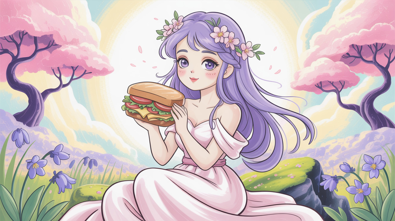 Ethereal woman in pastel dress with sandwich outdoors