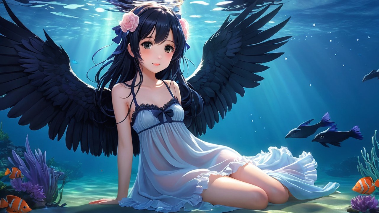 Underwater Scene with Woman, Wings, and Colorful Fish