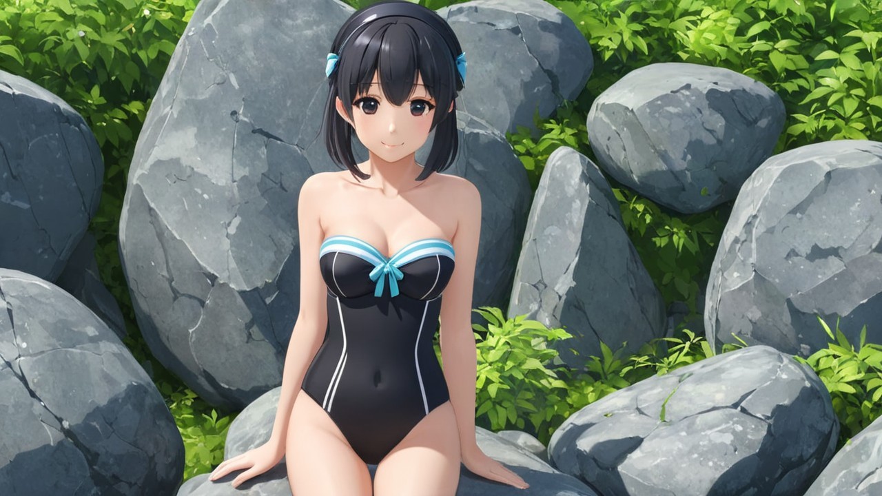 Young Woman in Black Swimsuit Among Lush Greenery