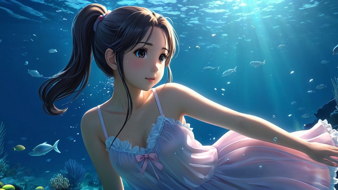 Young girl swimming in a serene underwater scene