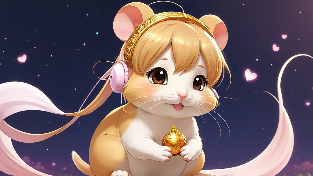 Cartoon Hamster with Headphones and Golden Ball