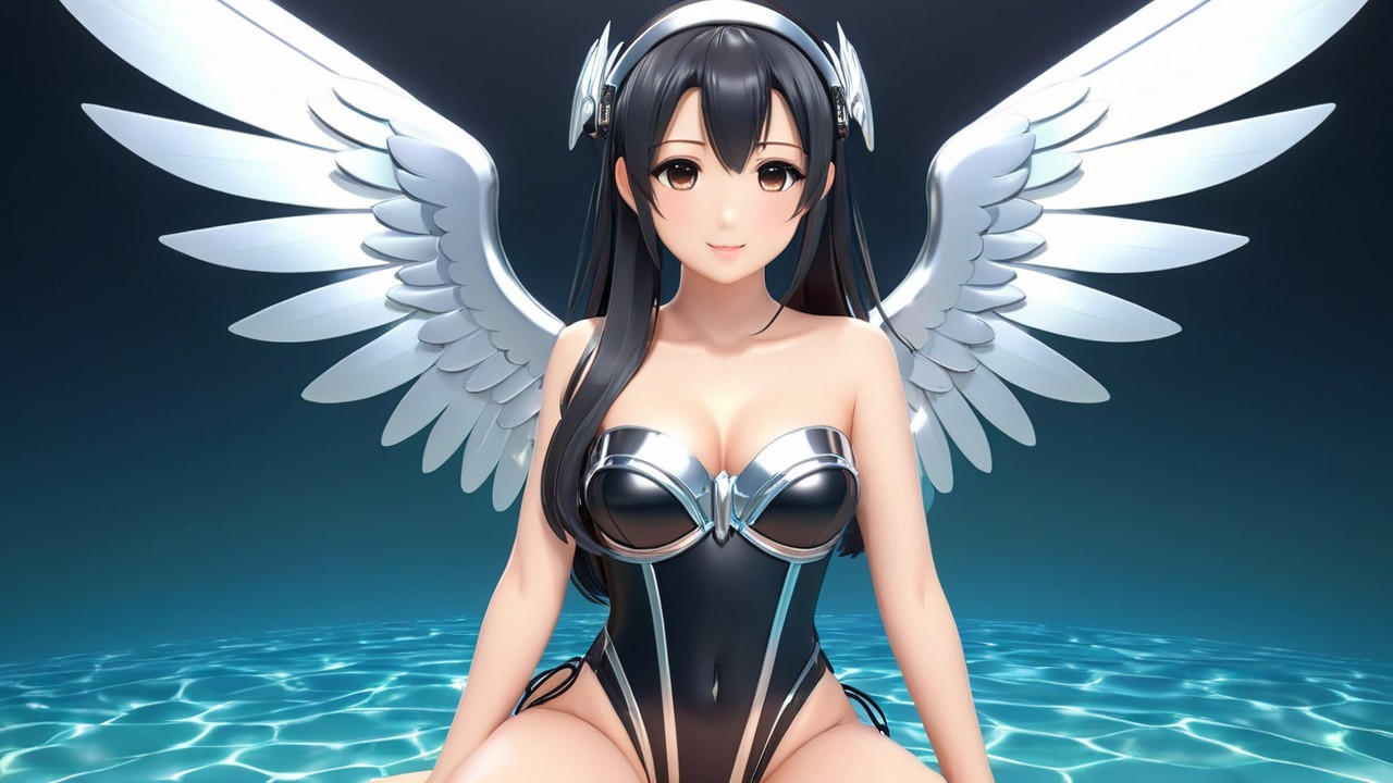 Stylized fantasy character with wings on shimmering surface