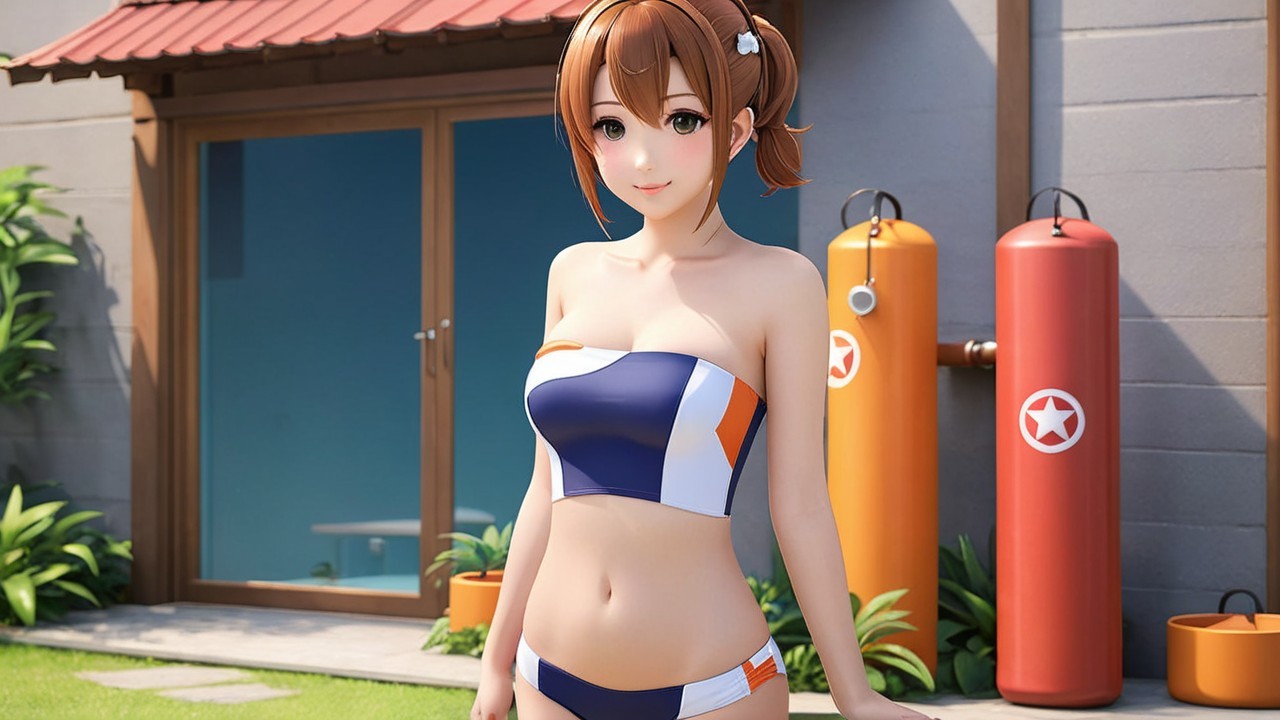 Stylized Animated Character in Colorful Bikini Outdoors