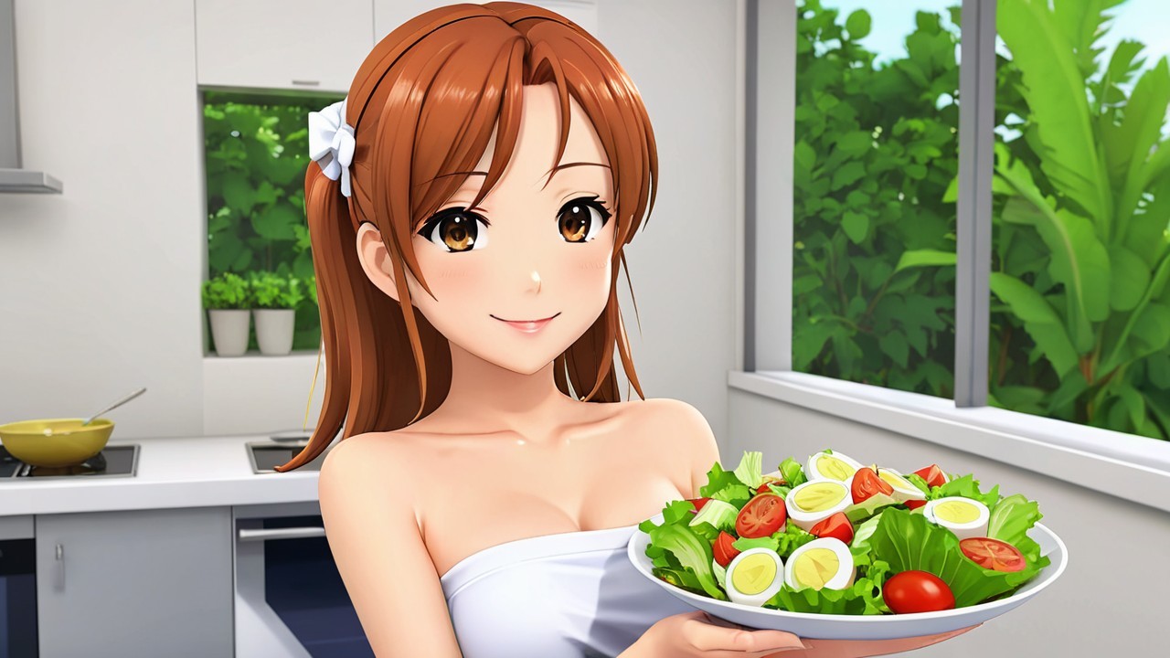 Cheerful Woman with Salad in Modern Kitchen Setting