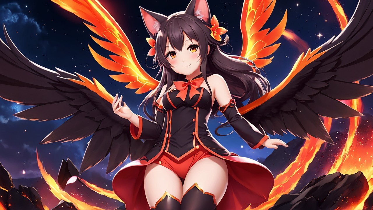 Fantasy Character with Feline Features and Fiery Wings