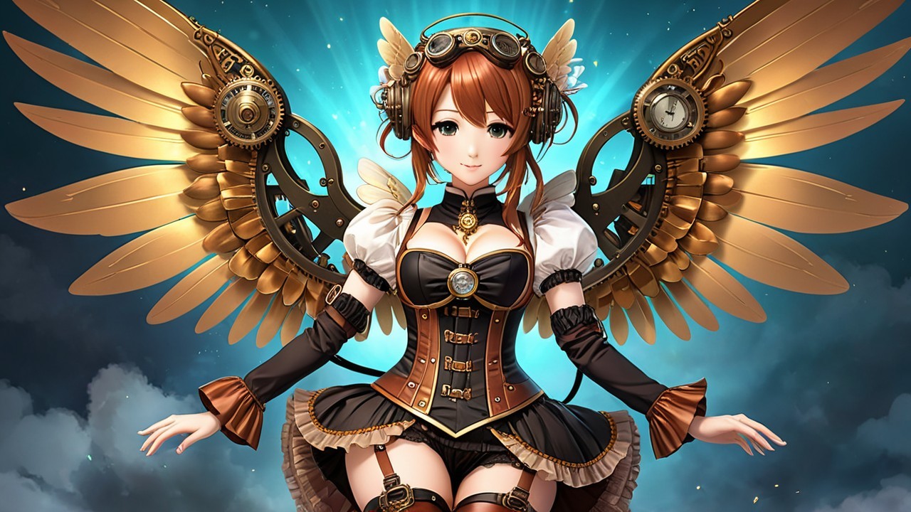 Steampunk Character with Mechanical Wings and Corset Outfit
