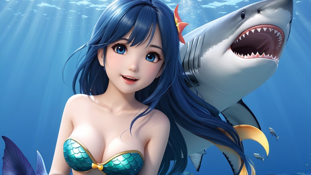 Underwater Scene with Mermaid and Shark Encounter