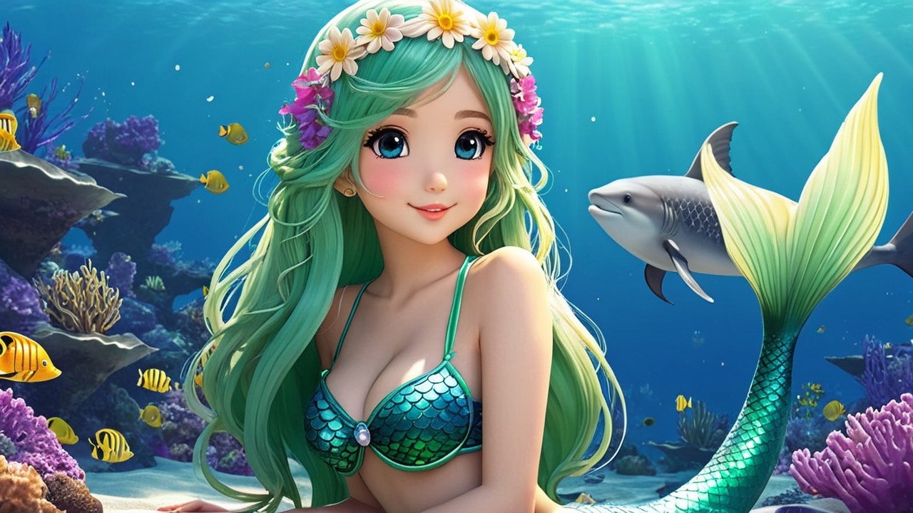 Whimsical Underwater Scene with a Colorful Mermaid