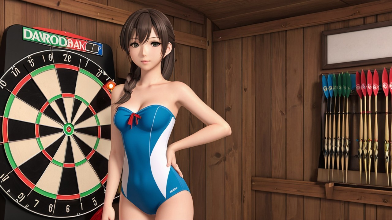 Female character in blue and white swimsuit by dartboard