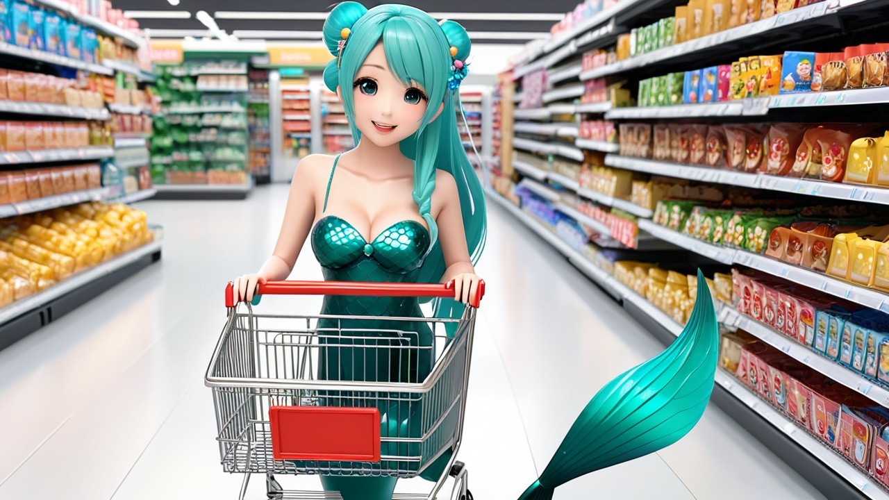 Mermaid in Grocery Aisle with Colorful Products