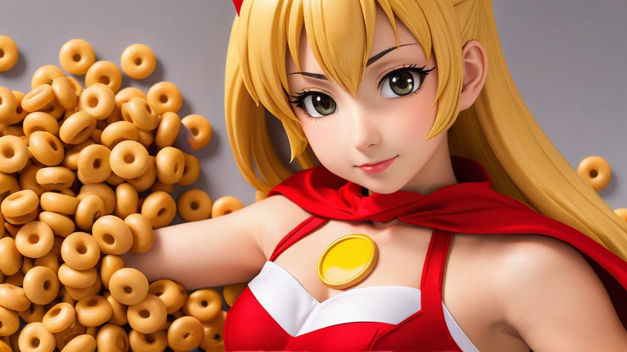 Anime Character in Red Cape Surrounded by Doughnuts