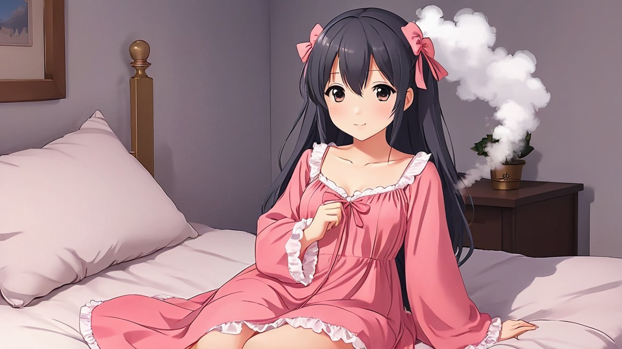Young girl in pink nightgown on a cozy bed