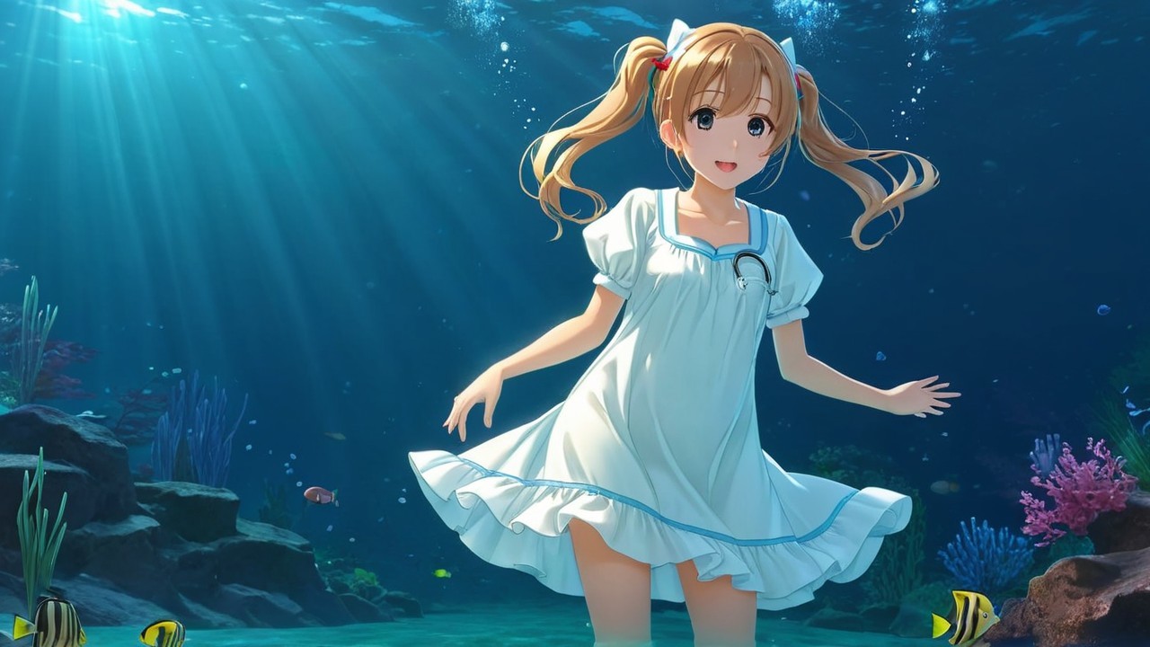 Underwater Scene with Girl and Colorful Marine Life