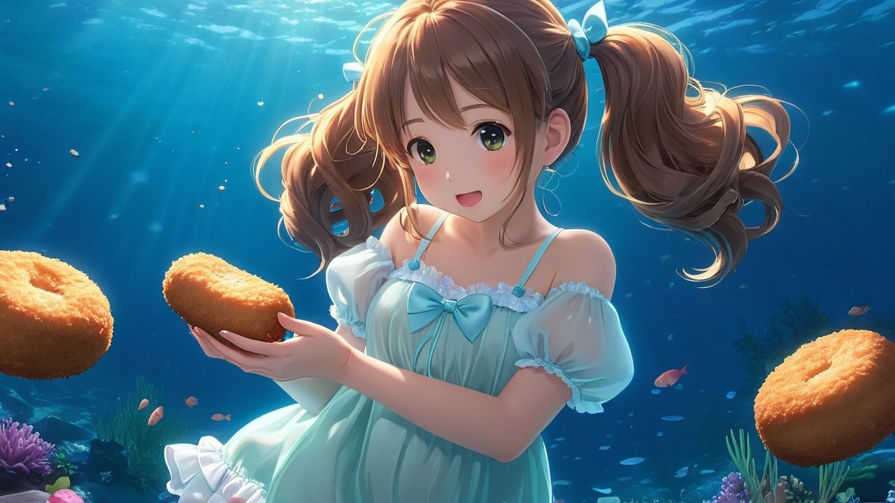 Young girl in blue dress smiles underwater with fish