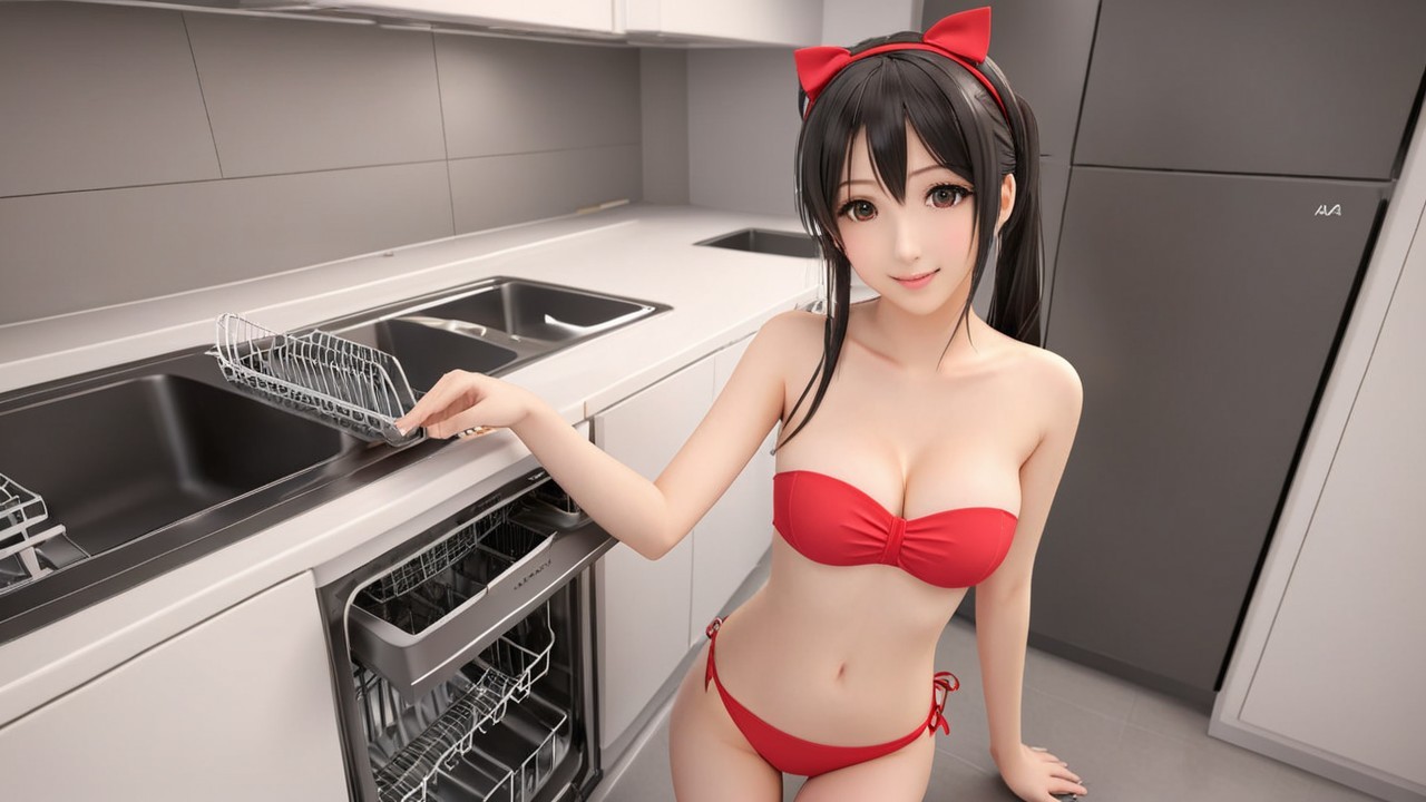 Young Woman in Red Bikini Posing in Modern Kitchen