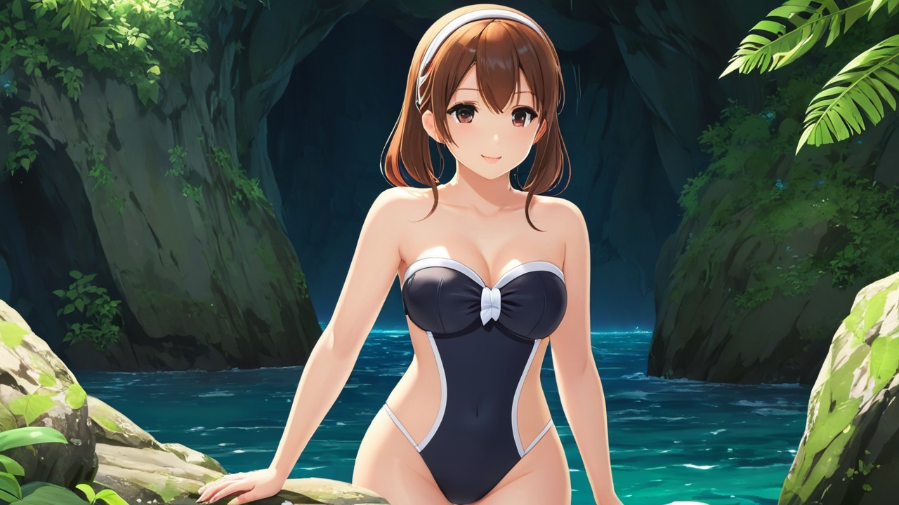 Young woman in black swimsuit by tranquil water pool