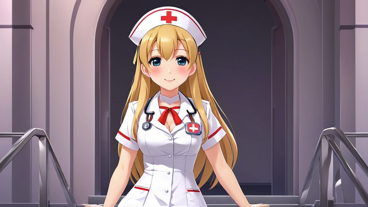 Cheerful Anime Nurse at Medical Facility Entrance