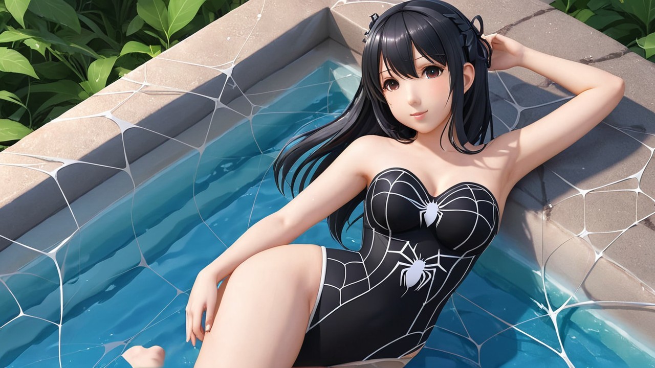 Character by Pool in Black Swimsuit with Web Patterns