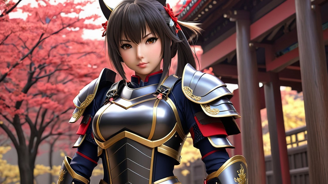 Female Character in Ornate Samurai Armor with Autumn Backdrop