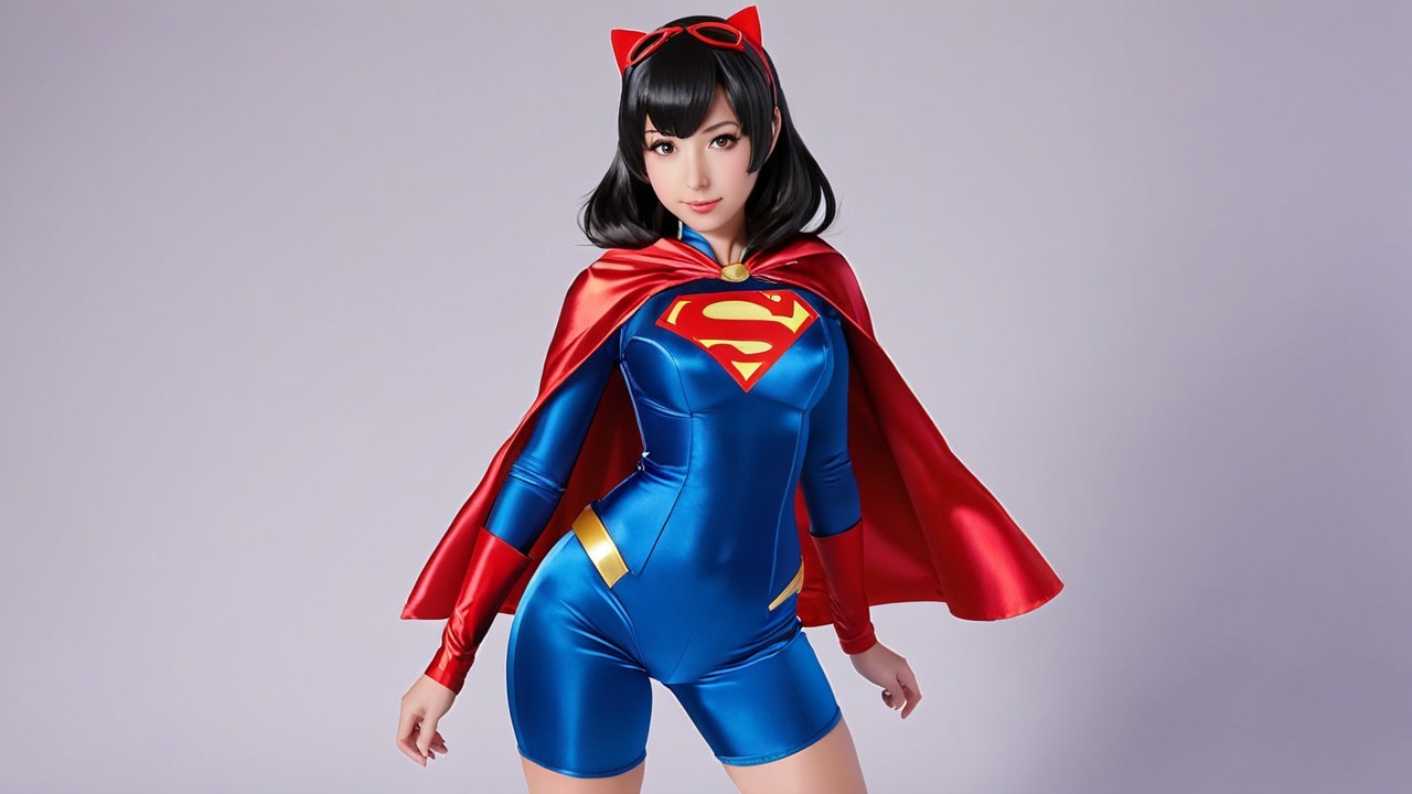 Modern Superhero Character in Blue Jumpsuit and Cape