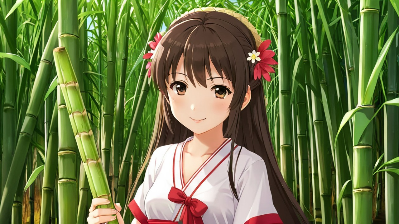 Young girl in bamboo grove with traditional outfit