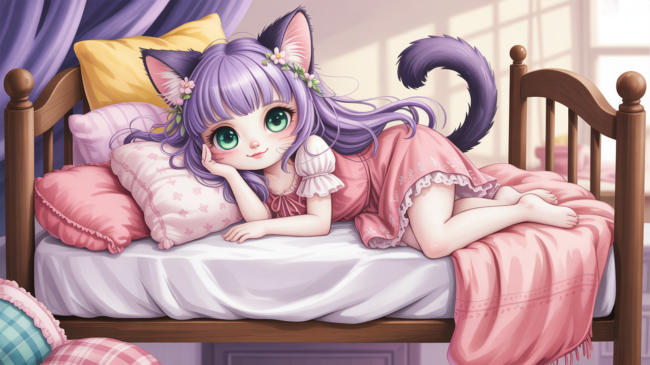Cute chibi catgirl with purple hair in a cozy setting