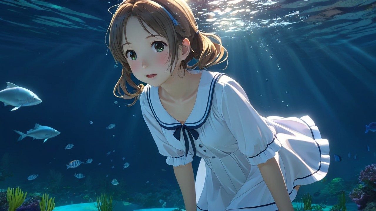 Young girl in white dress swimming underwater with fish
