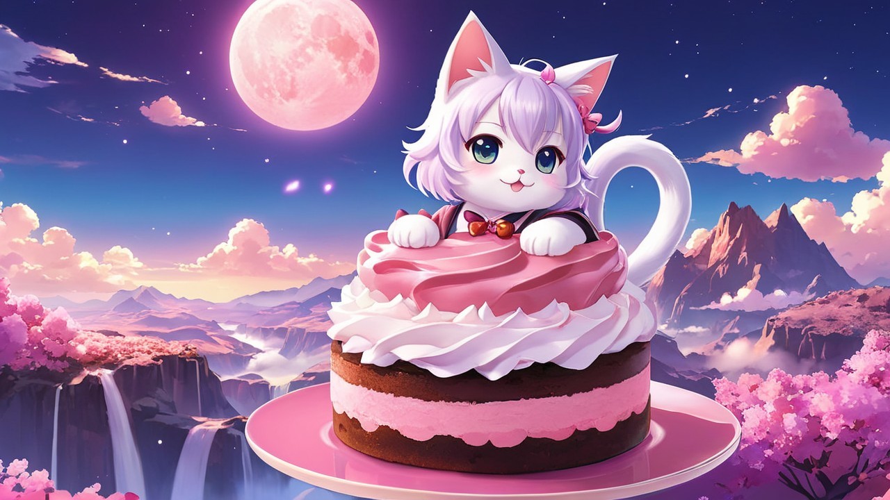 Cartoon Cat in Pink Cake with Dreamy Landscape