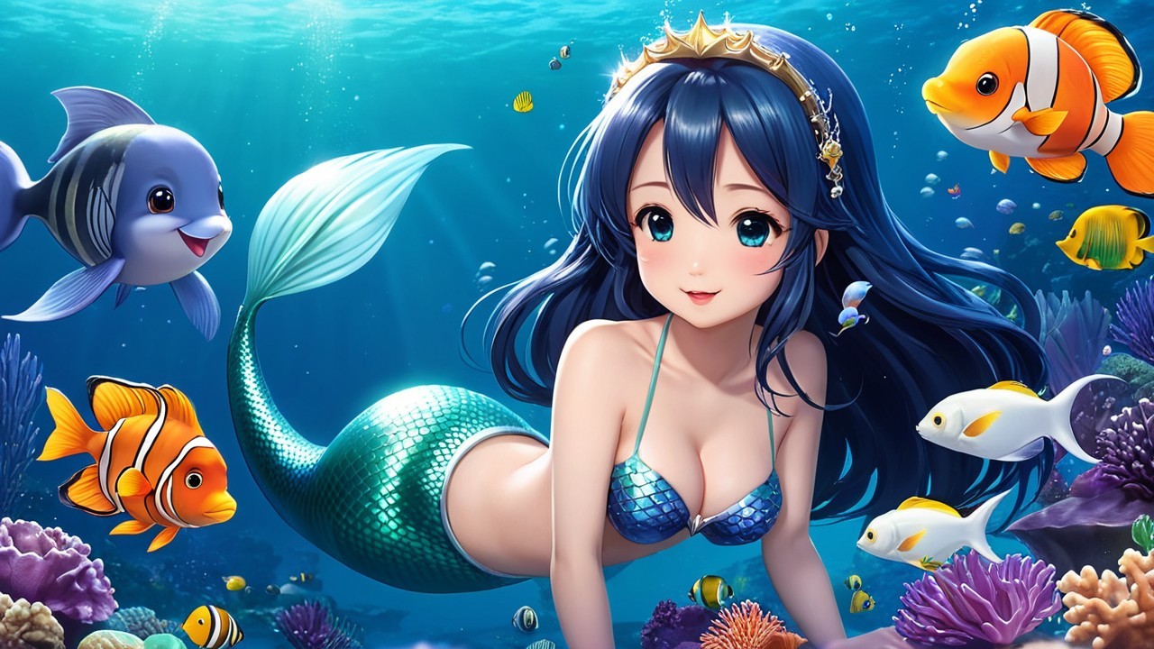 Vibrant Underwater Scene with Cheerful Mermaid