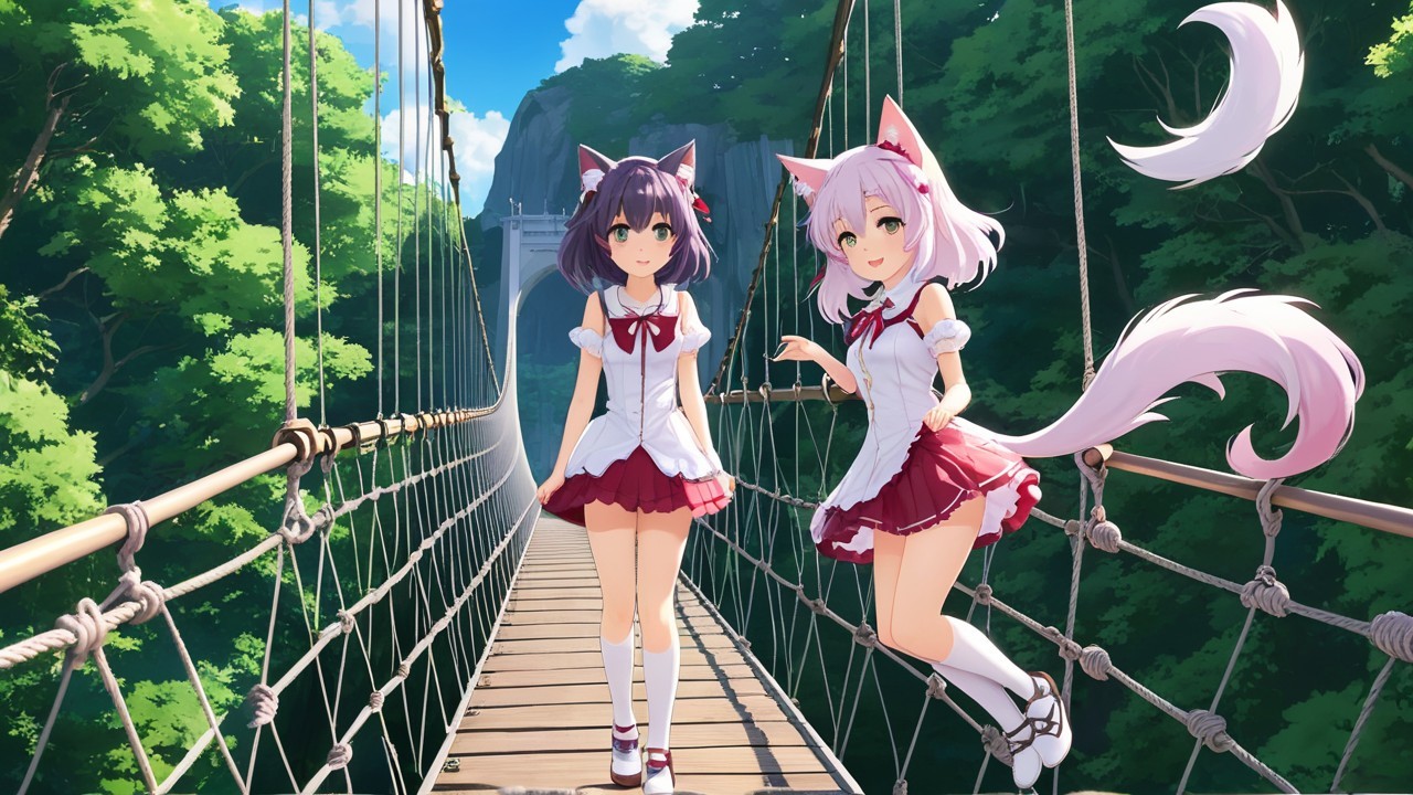 Anime Characters on a Suspension Bridge in Nature