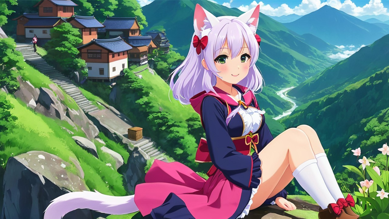 Anime Character with Cat Ears Overlooking Valley
